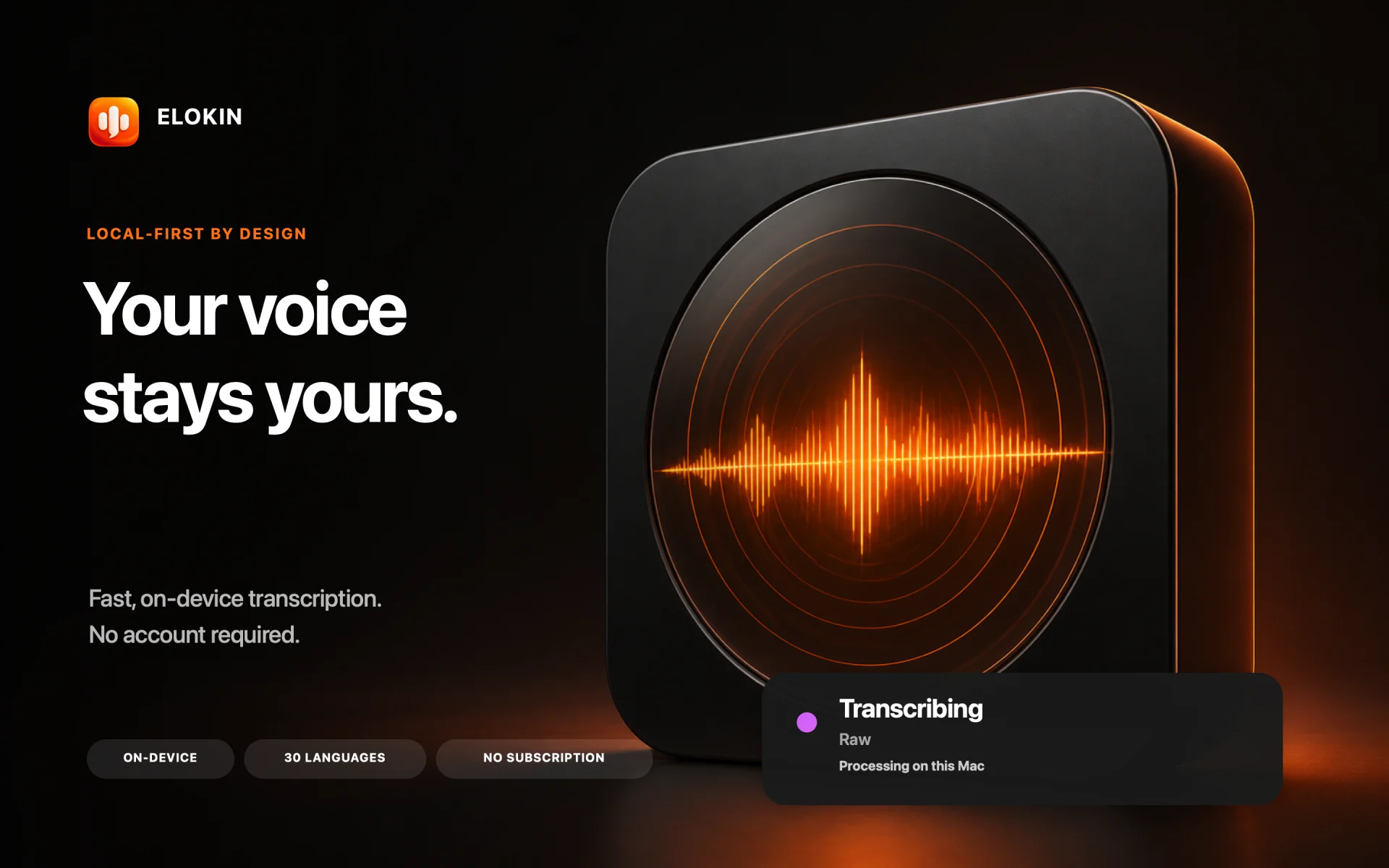 Elokin private on-device voice dictation for Apple silicon Macs